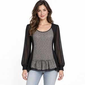 BKE Boutique Top Size M Black Gray Sequin Sheer Chiffon Ruffle High Low Blouse